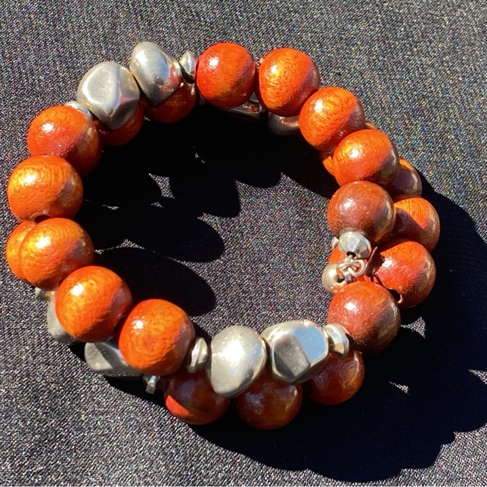 STATEMENT NECKLACE & BRACELET SET POLISHED WOOD & SILVER TONE BEADS - Picture 6 of 12